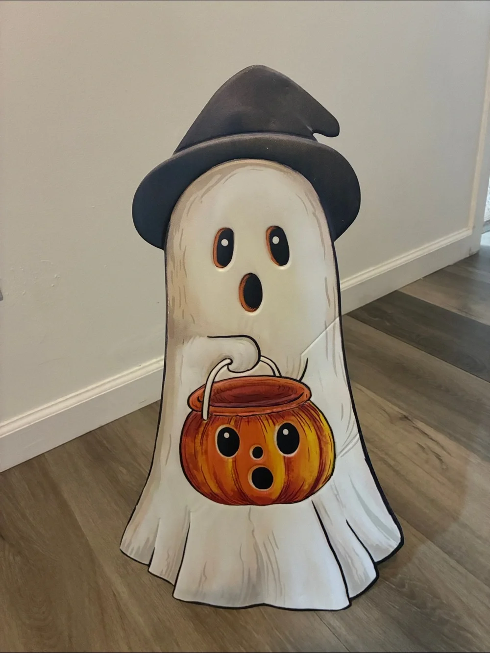 NWT- 23” White Ghost Witch w/ Orange Pumpkin Pail- Metal Easel Stand Porch Sign